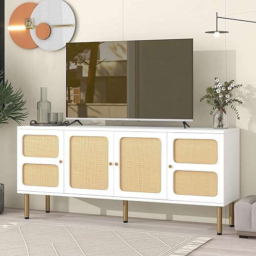 Merax Boho TV Stand with Rattan Door, Woven Media Console Table for Television Up to 70”, Count... | Amazon (US)