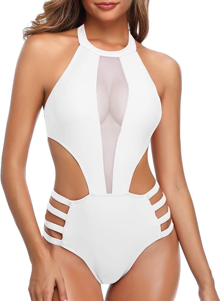 Tempt Me Women One Piece Mesh Swimsuit High Neck Halter Cutout Monokini Swimwear | Amazon (US)