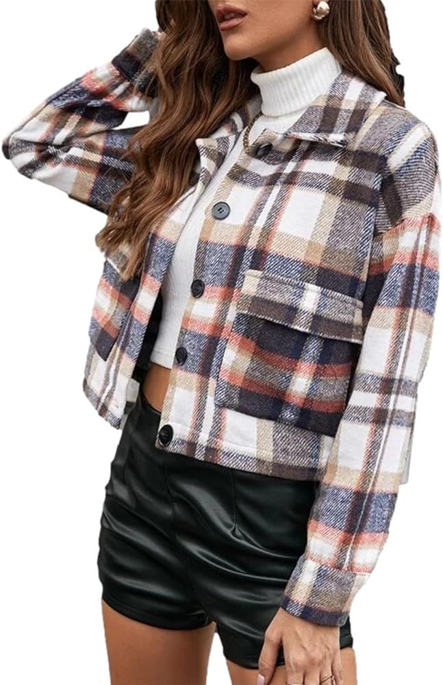 Peaceglad Women's Fashion Cropped Flannel Plaid Shacket Long Sleeve Button Down Jacket Coat | Amazon (US)