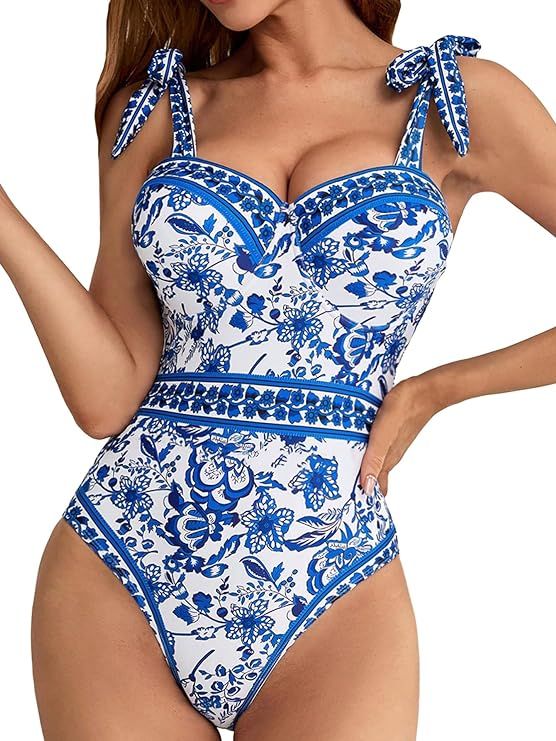 WDIRARA Women's Floral Print Tie Shoulder One Piece Swimsuit Push Up Tummy Control Bathing Suit | Amazon (US)