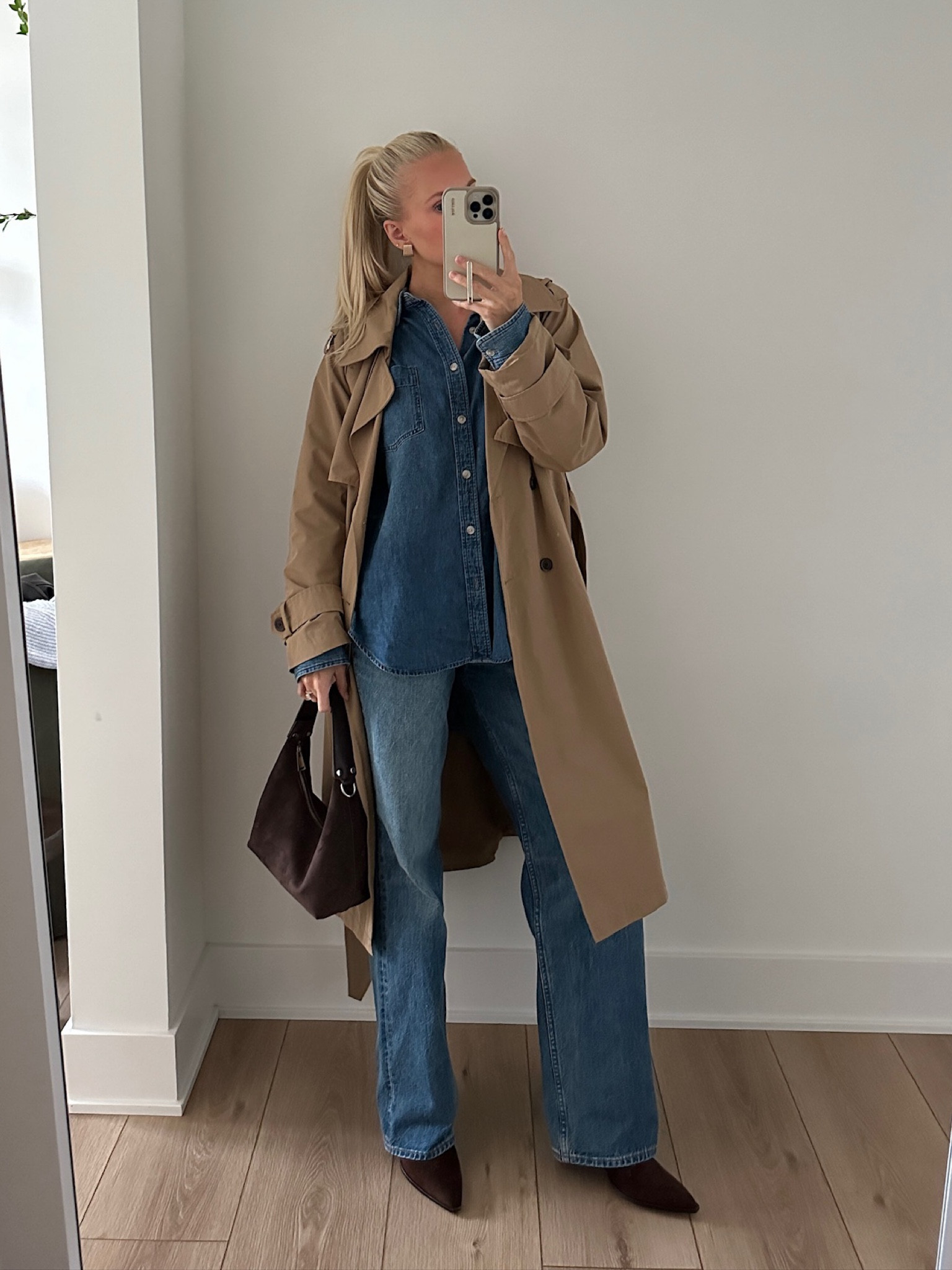 Small in trench (linking similar), medium in shirt, size 27 in jeans. Denim shade for both: 5 Yrs Kiss N Tell Bl, shoes are true to size. Linked similar bags!

#kathleenpost #fallfashion 

#LTKShoeCrush #LTKSeasonal #LTKStyleTip