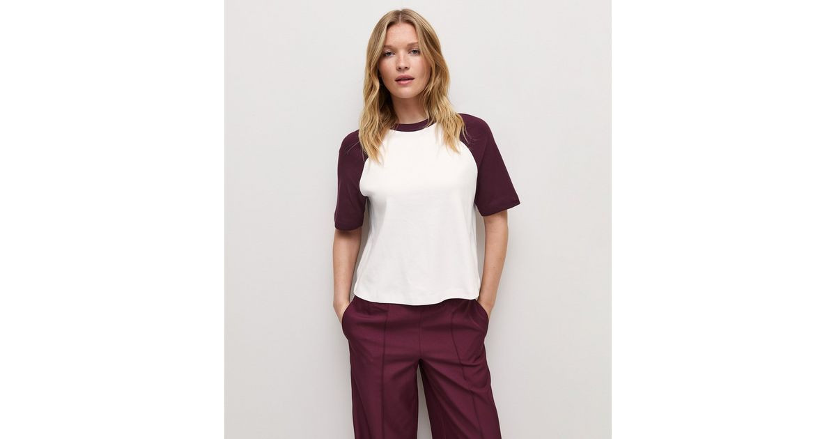 Women's Premium Dark Burgundy Cotton Contrast Raglan Sleeve T-Shirt New Look | New Look (UK)