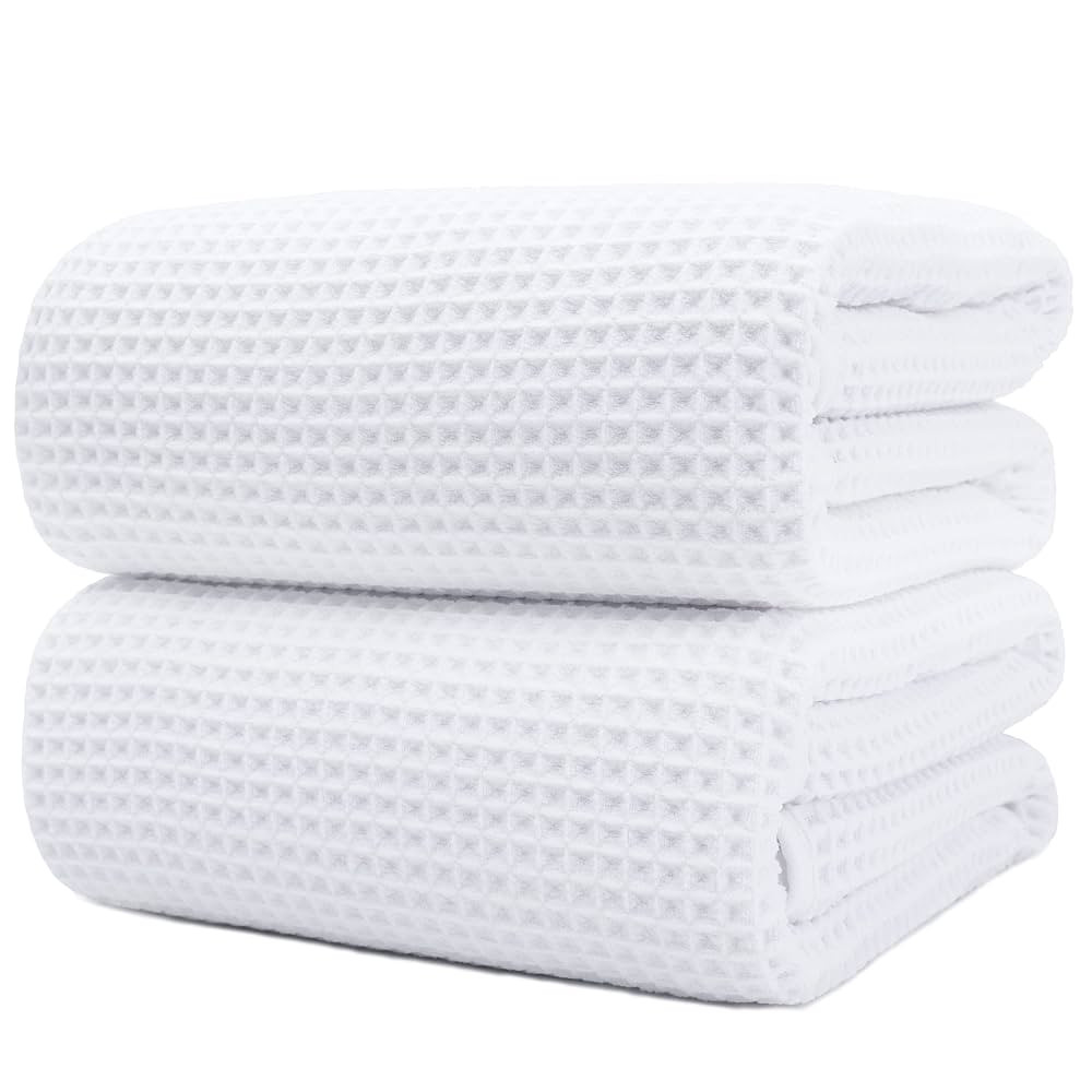 POLYTE Microfiber Quick Dry Lint Free Bath Sheet, 70 x 35 in, Set of 2 (White, Waffle Weave) | Amazon (US)