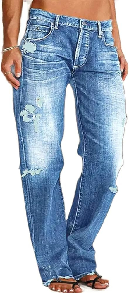 Flamingals Straight Leg Jeans for Women Raw Hem Low Waisted Pants | Amazon (US)