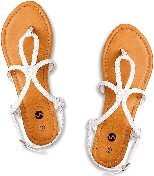Rekayla Flat Sandals Braided Strap Tong Sandal for Women | Amazon (US)