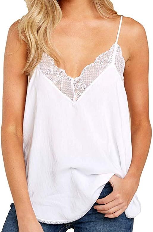Women Halter Tank Tops Lace Crochet V Neck Strappy Loose Camisole Vests Shirt | Amazon (US)