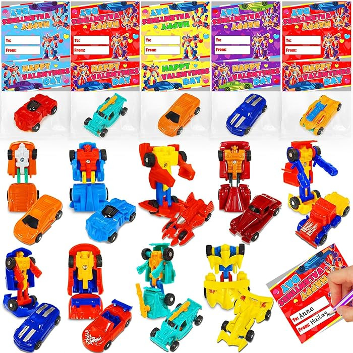 28 Pack Valentines Day Gifts for Kids, Transforming Car Robot Toys with Valentines Day Cards for ... | Amazon (US)