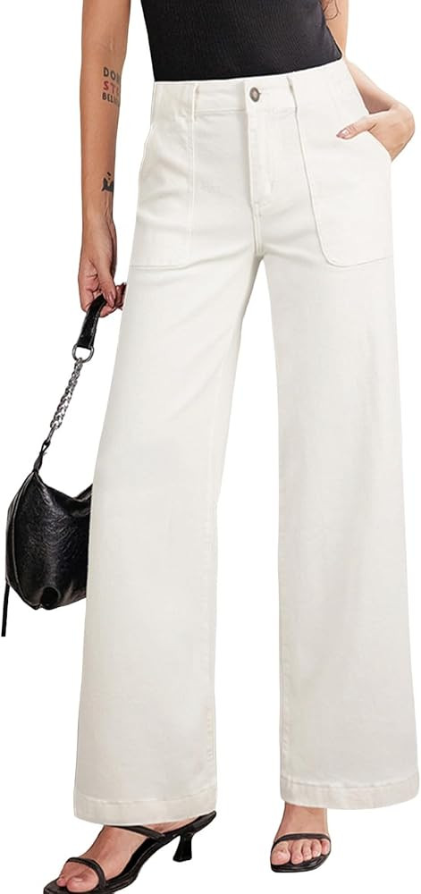 Sidefeel Womens Wide Leg Jeans High Waisted Stretchy Straight Leg Baggy Denim Pants with Pockets | Amazon (US)