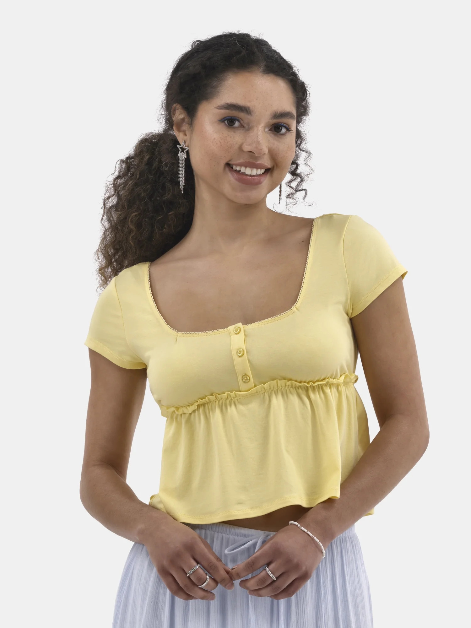 No Boundaries Babydoll Top with Short Sleeves, Women's | Walmart (US)