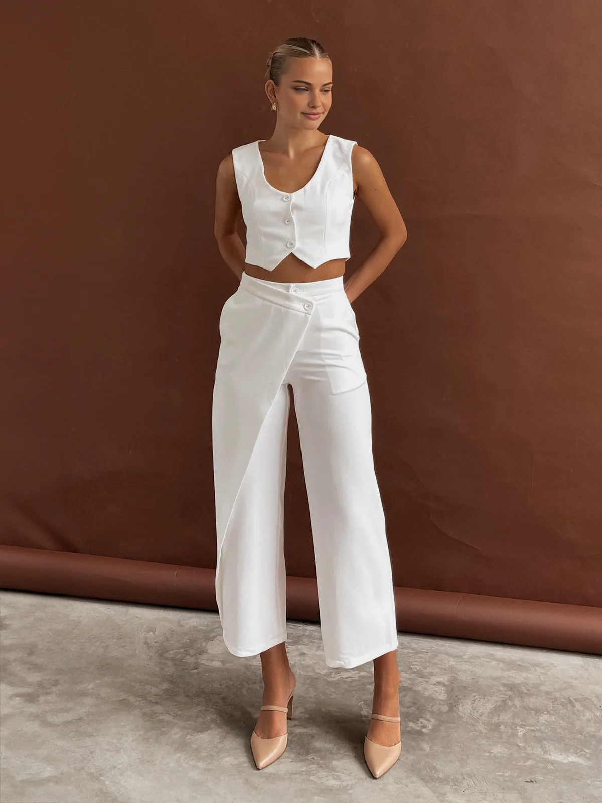 Solid  Asymmetrical Straight Leg Pants Set | Commense