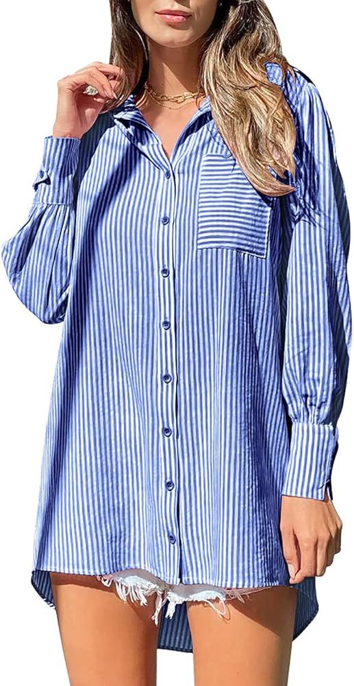 GOBLES Simple Women's Oversized Tunic Loose Fitting Long Sleeve Striped Button Down Shirts | Amazon (US)