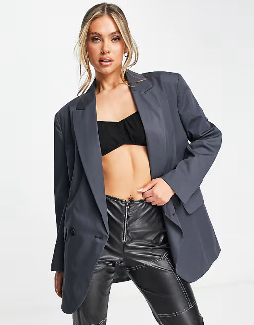 ASOS DESIGN double breasted low break dad blazer in gray | ASOS (Global)
