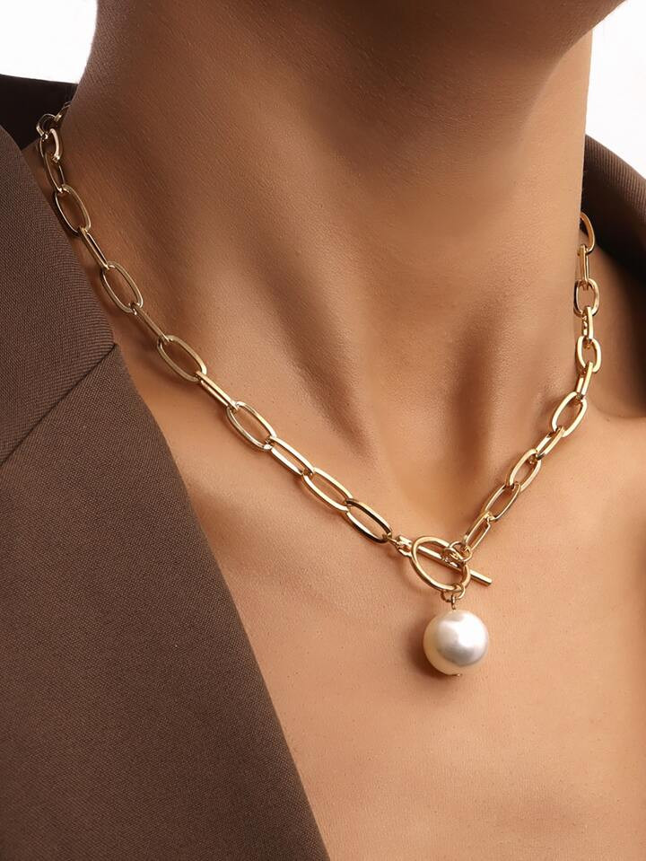 1pc European And American Fashionable Simple Style Chain With ABS Pearl Pendant Women Necklace Fo... | SHEIN