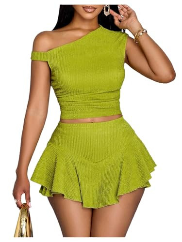 GORGLITTER Women's Two Piece Going Out Skirt Sets Y2K Crop Tank Top and Ruffle Mini Skorts Summer Beach Casual Outfits Green Large | Amazon (US)