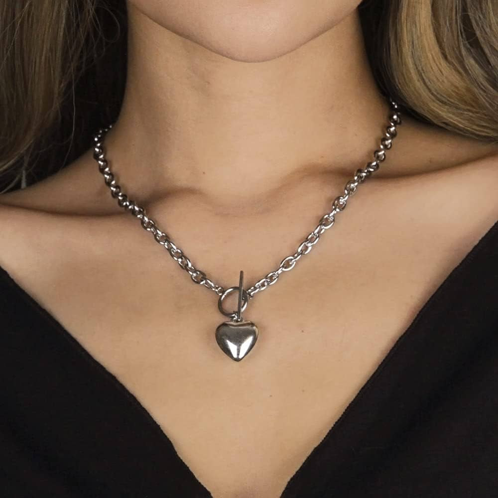 Heart Toggle Necklace Silver Stainless Steel Pendant Choker Charm Necklaces Cable Chain Jewelry f... | Amazon (US)