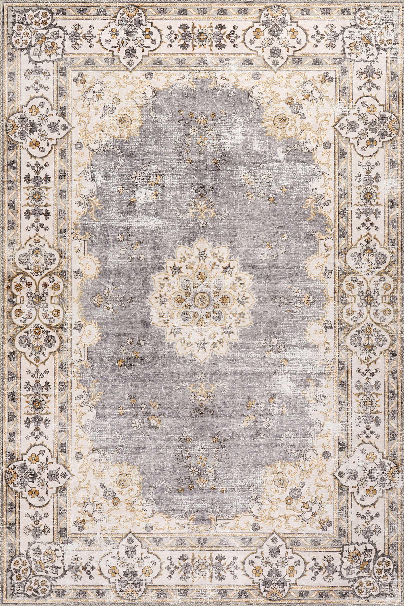 Rosette Medallion Spill Proof Washable Rug | Light Grey | Rugs USA