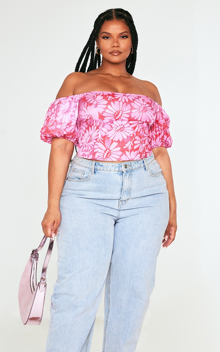 Plus Pink Floral Printed Puff Sleeve Crop Top | PrettyLittleThing US