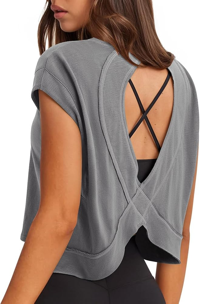 LASLULU Women's Athletic Open Back Short Sleeve T-Shirt | Amazon (US)