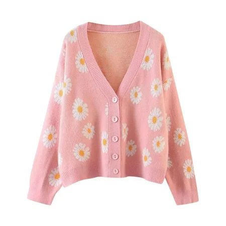 AFDOENT Women Knitwear Sweet Floral Cardigans V-Neck Long Sleeve Casual Sweater Open Front Button 90 | Walmart (US)