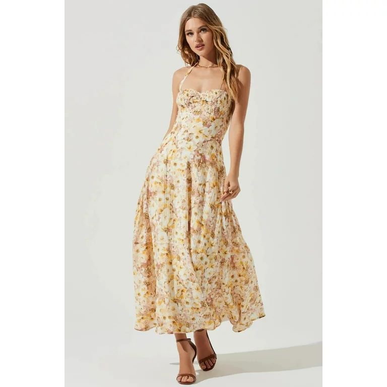 ASTR The Label Women's Mariella Taupe Yellow Floral Lined Maxi Dress (Medium, Taupe Yellow Floral... | Walmart (US)