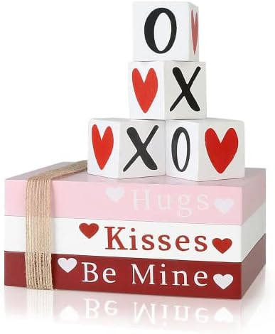 Valentines Day Decor, Wooden Sign Book Stack with 4 XOXO Signs, Valentines Decoration Kit for Tie... | Amazon (US)