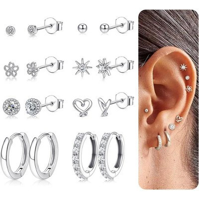 8 Pairs Sterling Silver & 14K Gold Plated Earring Set: Dainty Studs & Huggies for Sensitive Ears Gold One Size | Target
