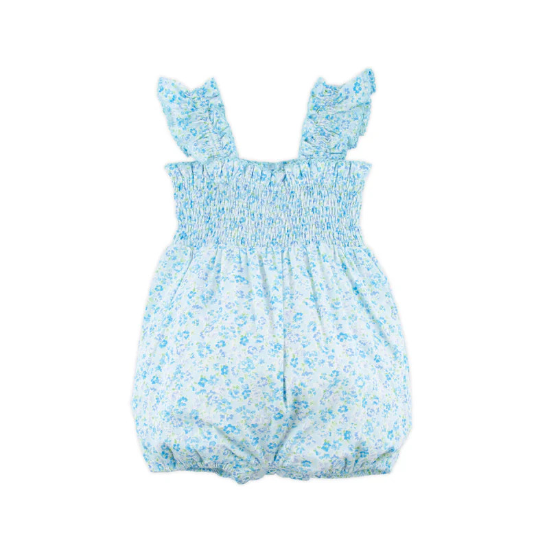Blue Floral Smocked Flutter Sleeve Bubble | Classic Whimsy