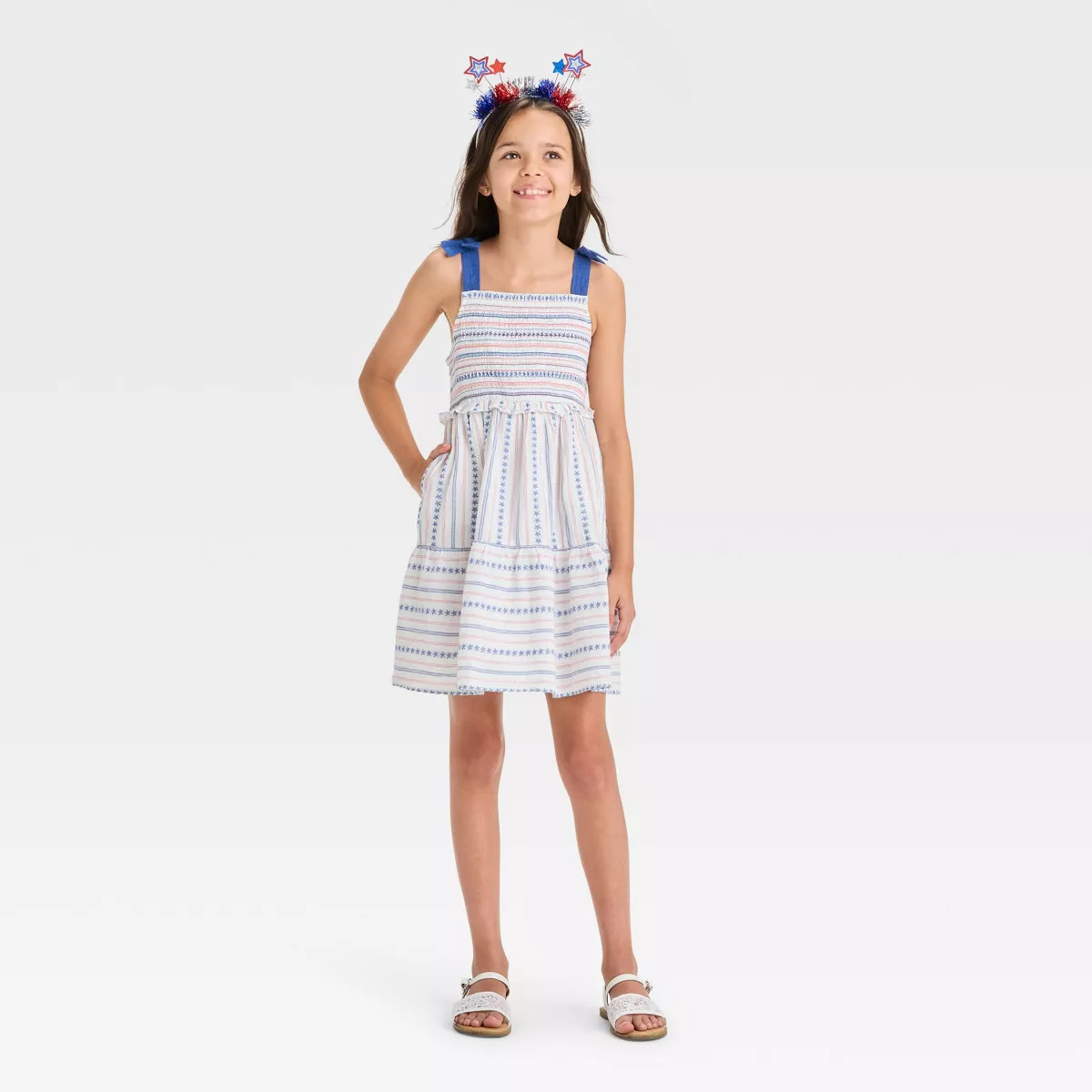 Girls' Sleeveless '4th of July' Tiered Stars and Stripes Dress - Cat & Jack™ White/Red/Blue | Target