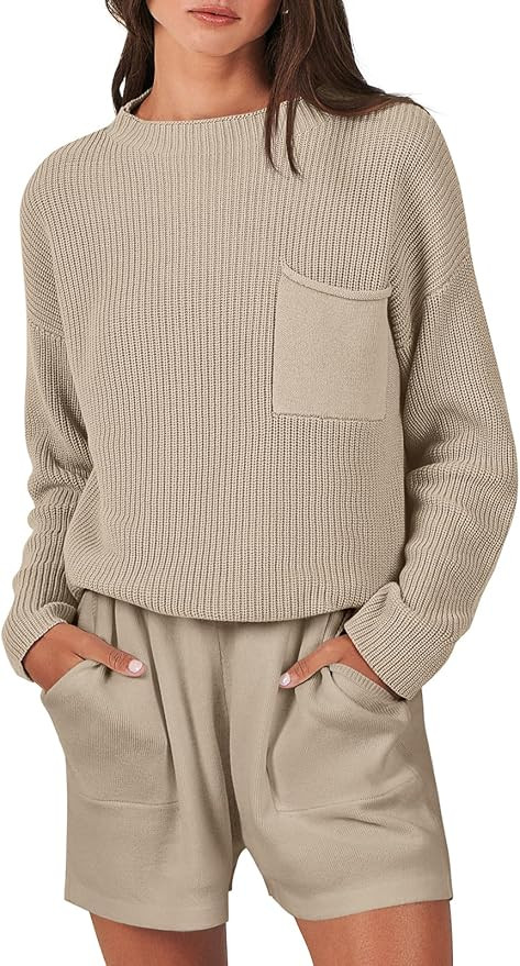 Caracilia Women's Two Piece Outfits Sweater Short Sets Long Sleeve Knit Pullover Top and Shorts M... | Amazon (US)