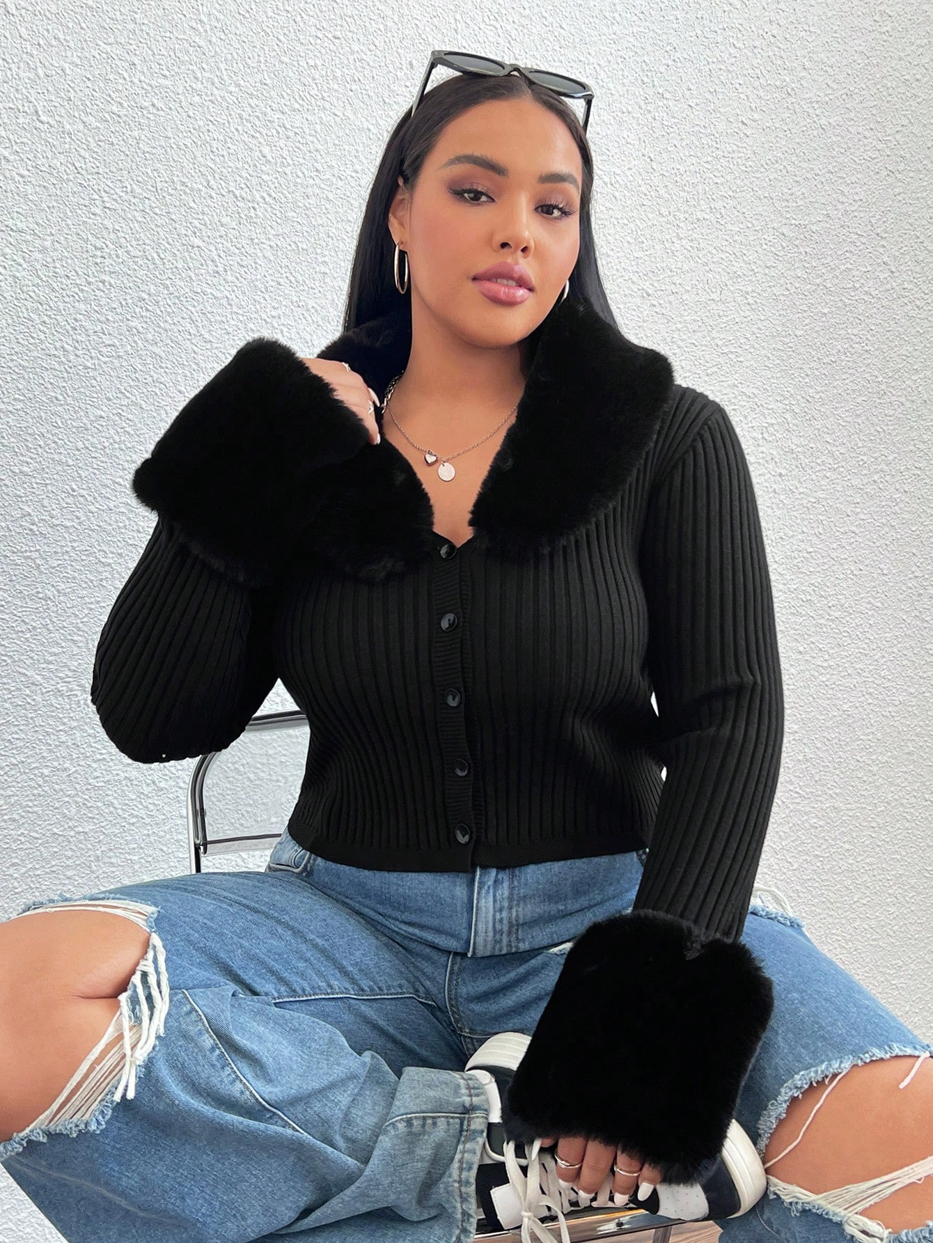SHEIN EZwear Plus Borg Collar Fuzzy Cuff Ribbed Knit Cardigan | SHEIN USA | SHEIN
