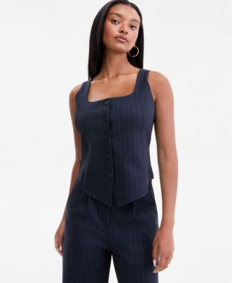 Bar Iii Women's Pinstripe Scoop-Neck Button-Front Vest, Macy's Exclusive - Navy Pinstripe | Macy's