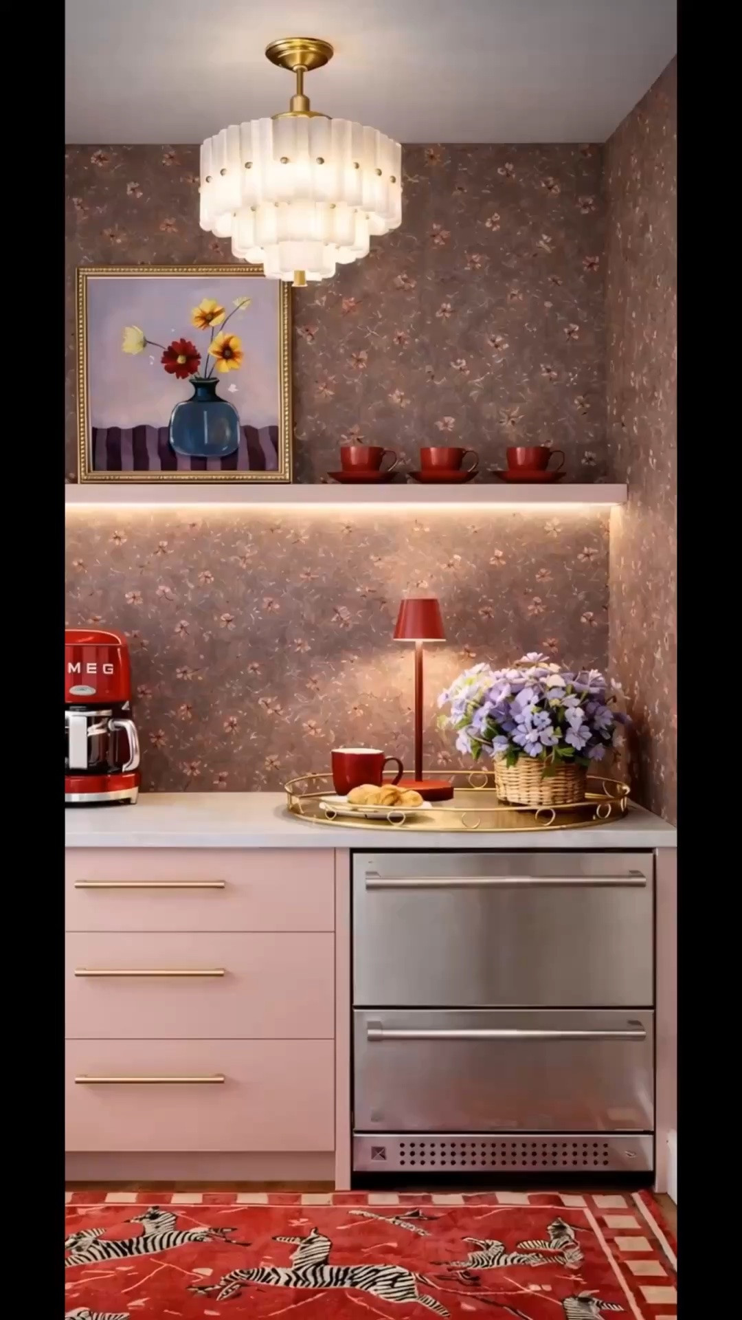 A cozy morning starts at this kitchen coffee station. ☕️✨
Soft light, a favorite espresso, rich brown floral wallpaper, and the iconic red zebra rug bring warmth, pattern, and personality to the space. The under-counter drawer fridge makes the whole setup especially convenient, keeping milk, cream, and cold drinks neatly stored and always within easy reach.

#CoffeeStation #MorningCoffee #DrawerFridge #UnderCounterFridge #KitchenDesign #Wallpaper #AreaRug #EspressoCup #CozyKitchen #LTKHome #LTKdayinmylife #LTKvlog

#LTKdayinmylife #LTKHome #LTKSaleAlert