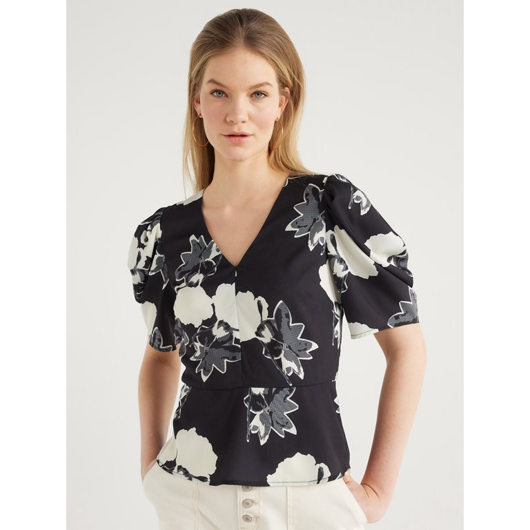 Scoop Women’s V-Neck Top with Volume Sleeves, Sizes XS-XXL | Walmart (US)