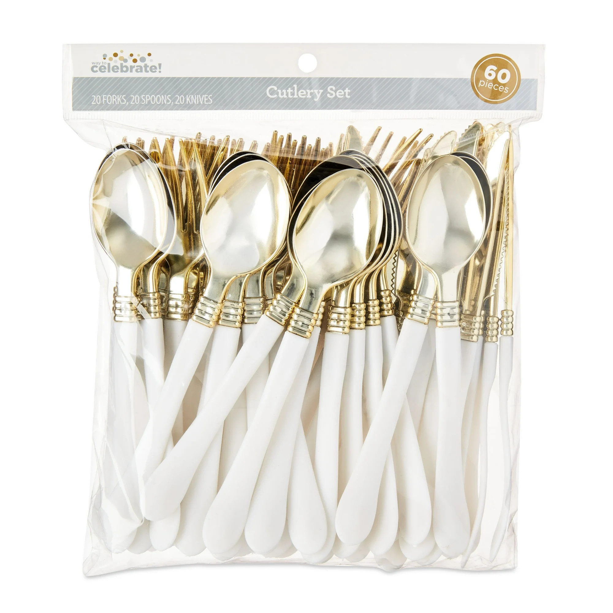 Plastic Disposable Cutlery Set, Gold/White, 60 Pieces, by Way To Celebrate | Walmart (US)