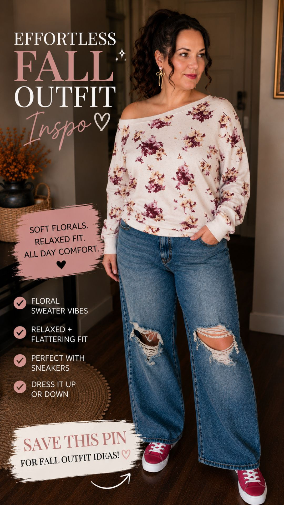 Effortless fall outfit inspo: a soft floral sweater with the perfect relaxed fit, paired with jeans that dress it up or down and sneakers to keep it easy. All-day comfort, all the compliments. 

 #LTKOver40 #LTKMidsize #LTKPlusSize