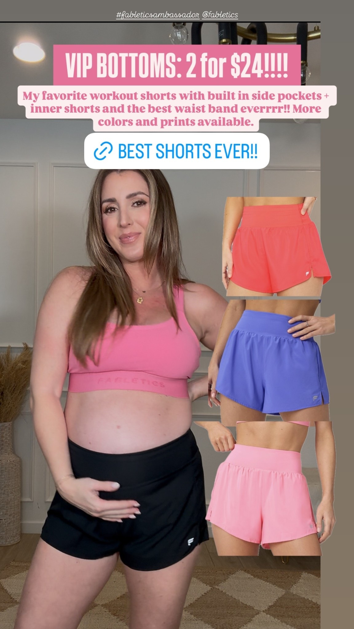 VIP BOTTOMS: 2 for $24!!!! My favorite workout shorts with built in side pockets + inner shorts and the best waist band everrrr!! More colors and prints available. Holy #fableticsambassador @fabletics