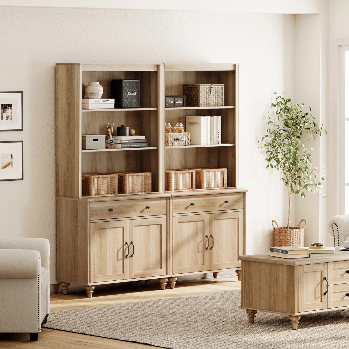 Scarlett 72.1"H X 67.7"W Set Of 2 Bookcase With Doors & Drawers, 5 Tier Bookshelf, Tall Book Case... | Wayfair North America