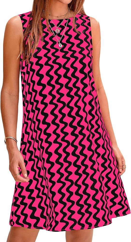 BTFBM Women's Sleeveless Summer T Shirt Dress Vintage Backless Cutout Beach Sundress Wavy Print C... | Amazon (US)