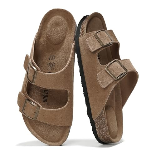 Project Cloud 100% Genuine Leather Flat Sandals For Women 2026 Cork Footbed Womens Sandals with Memory Foam and arch support Vacation Essentials Slides for Women Footwear (Venita, Chestnut, 9) | Amazon (US)