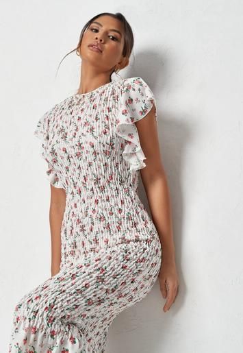 White Floral Print Shirred Midi Dress | Missguided (US & CA)
