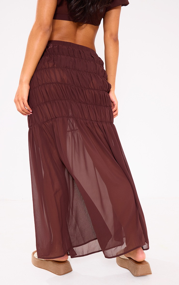 Chocolate Brown Chiffon Shirred Tier Waist Skirt | PrettyLittleThing US