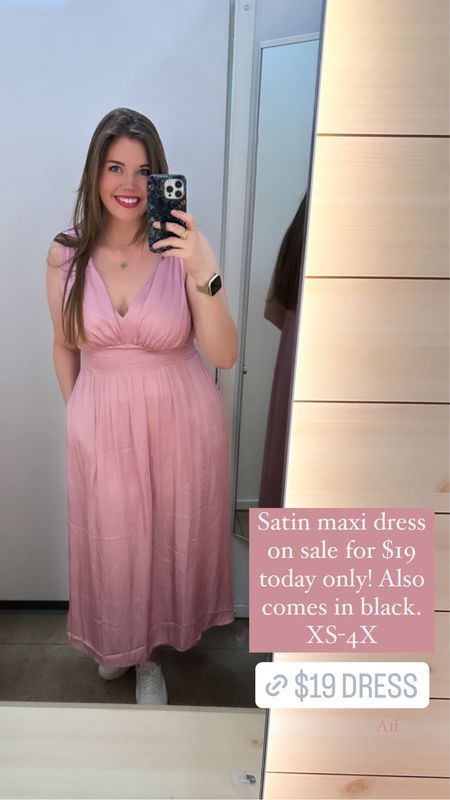 This satin maxi dress is also available in black and this color is on sale for only $19 today! It's a blush color perfect for a spring wedding and there's a beautiful tie in the back. I'm wearing a large and it comes XS-4X!

Wedding guest dress under $20, wedding guest dress under $50, satin maxi dress, satin dress, v neck dress, tie back dress, blush satin dress, black satin dress, satin midi dress, plus size wedding guest dress, Easter dress under $20, spring dress, beach dress, beach vacation, resort wear, slip dress under $20, satin slip dress

#LTKtravel #LTKcurves #LTKwedding