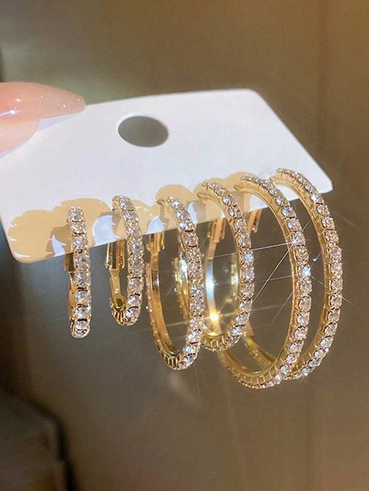 Trends6pcs Simple Golden Earring Set With Rhinestone Inlay, Suitable For Women's Everyday Wear, V... | SHEIN