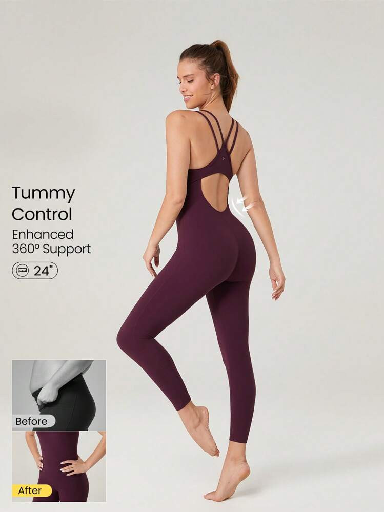 GLOWMODE 24" FeatherFit™-Air Insta-Cinch Tummy Control Butt Scrunch Double-Strap Life & Flow Bodysuit Jumpsuit Low Impact Yoga Daily Removable Cups | SHEIN