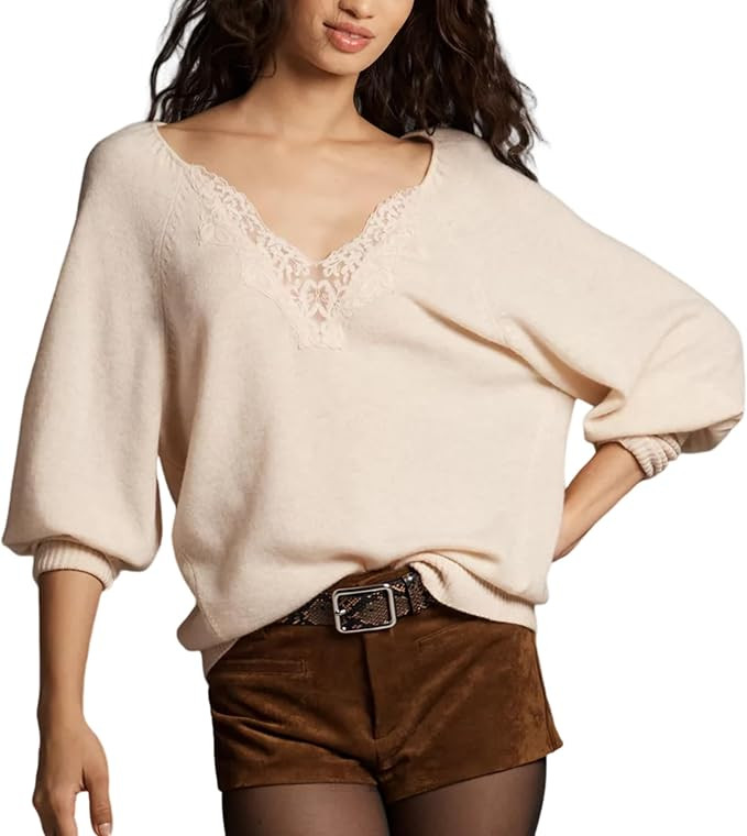 Lentta Women's Lace V Neck Oversized Sweater Fall Loose Knit Pullover Casual Soft Blouse Top for ... | Amazon (US)