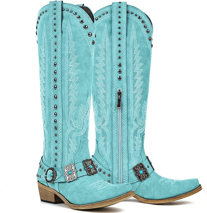 Yolkomo Cowboy Boots for Women Knee High Western Cowgirl Boots with Embroidery Belt Buckle Chains | Amazon (US)