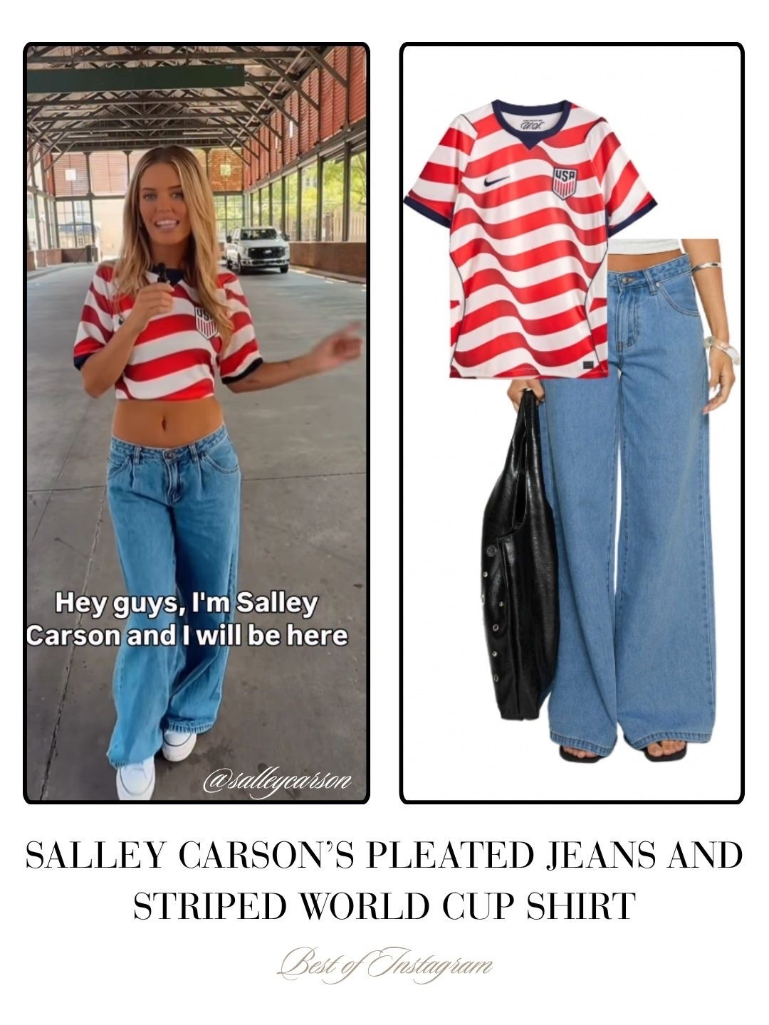 Salley Carson’s Pleated Jeans and Striped World Cup Shirt 📸 = @salleycarson