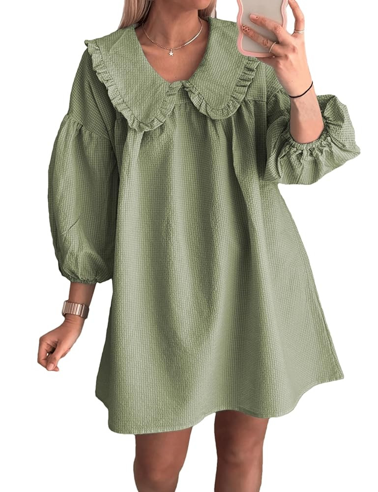 2025 Women's Babydoll 3/4 Puff Sleeve Plaid Mini Dress Lapel Doll Collar Loose Y2k Dress | Amazon (US)