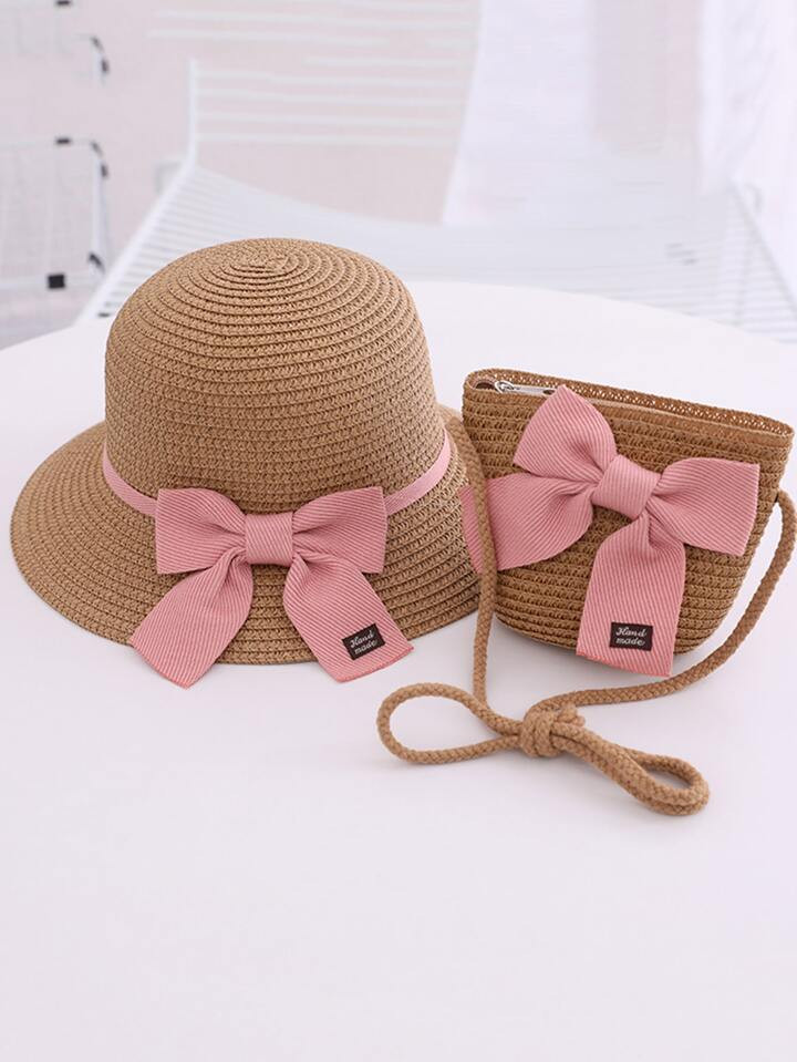 2pcs Girls Cute Bow Decor Straw Hat And Crossbody Bag For Summer | SHEIN