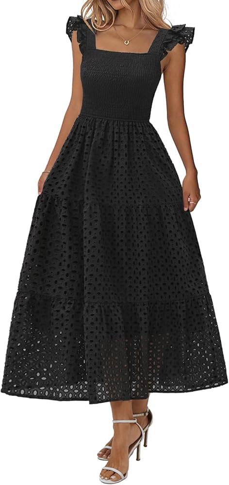 Lazysmile Womens Summer Maxi Dress Square Neck Ruffle Cap Sleeve Hollow Out Eyelet Smocked Tiered... | Amazon (US)